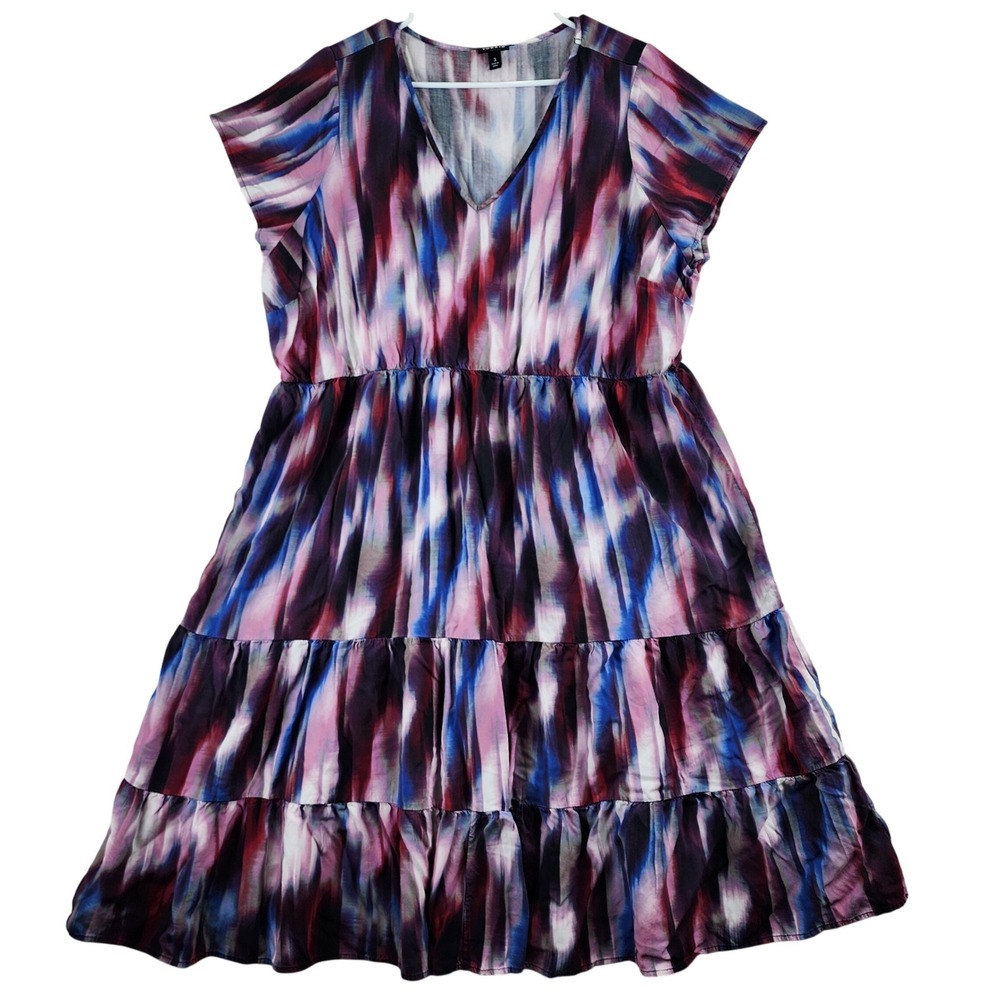 Torrid Tiered Midi Dress Womens 3 Purple Blue Abstract Ikat V-Neck Whimseygoth